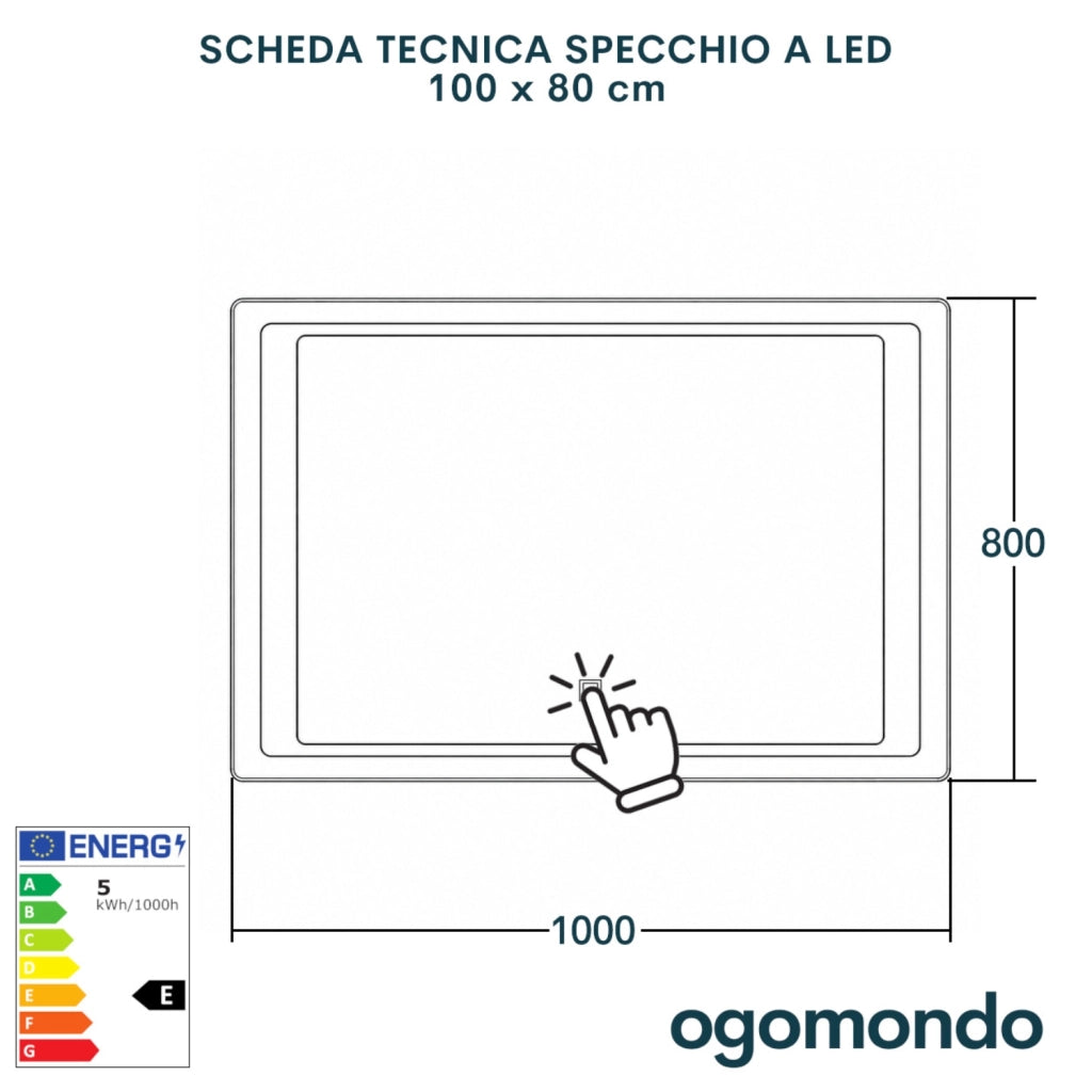 Specchio rettangolare led con cornice in alluminio cornice interna sabbiata *** misure 100x80 cm, tonalità dimmerabi...
