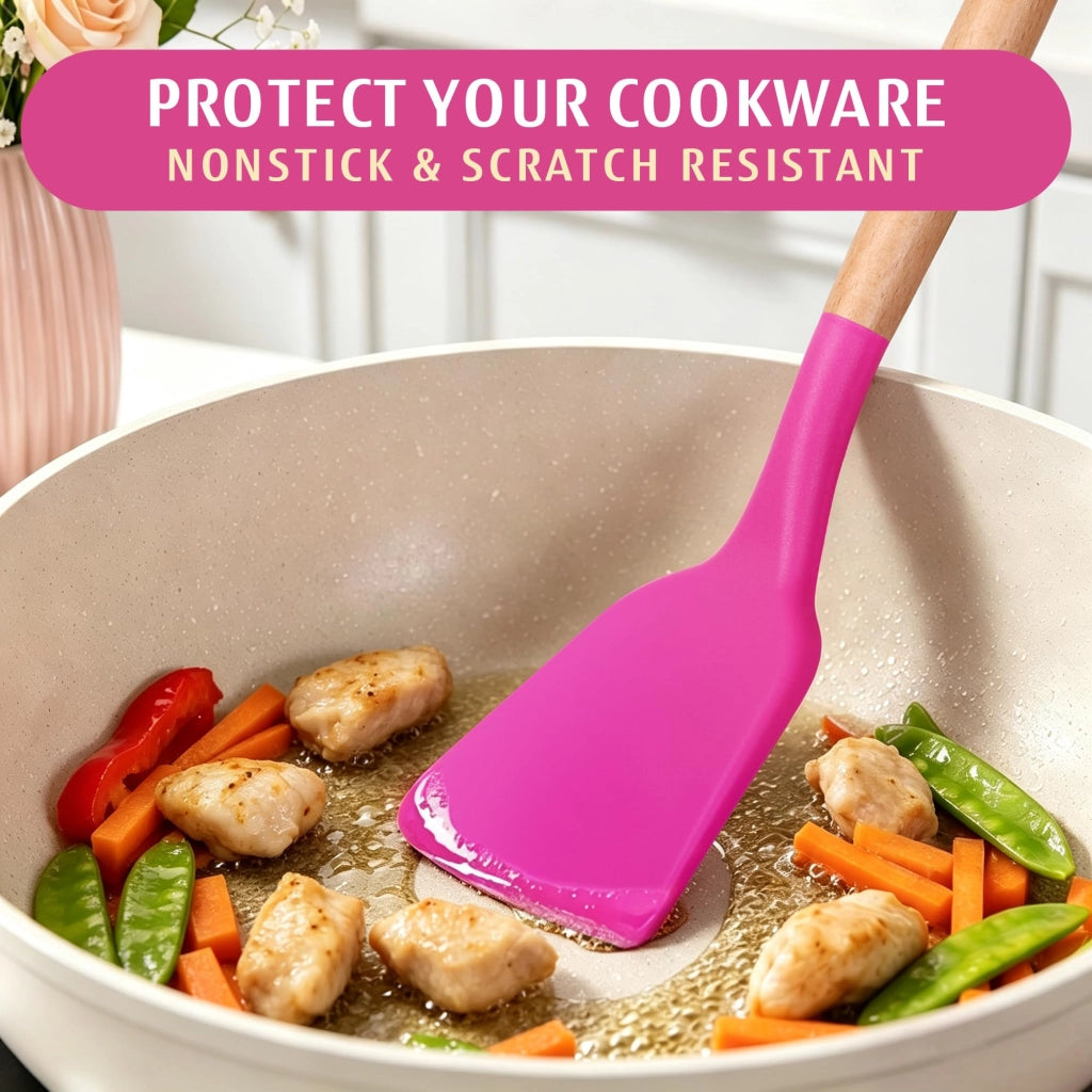 Set di accessori da cucina, 10 pezzi, in silicone, con manici in legno, colore rosa