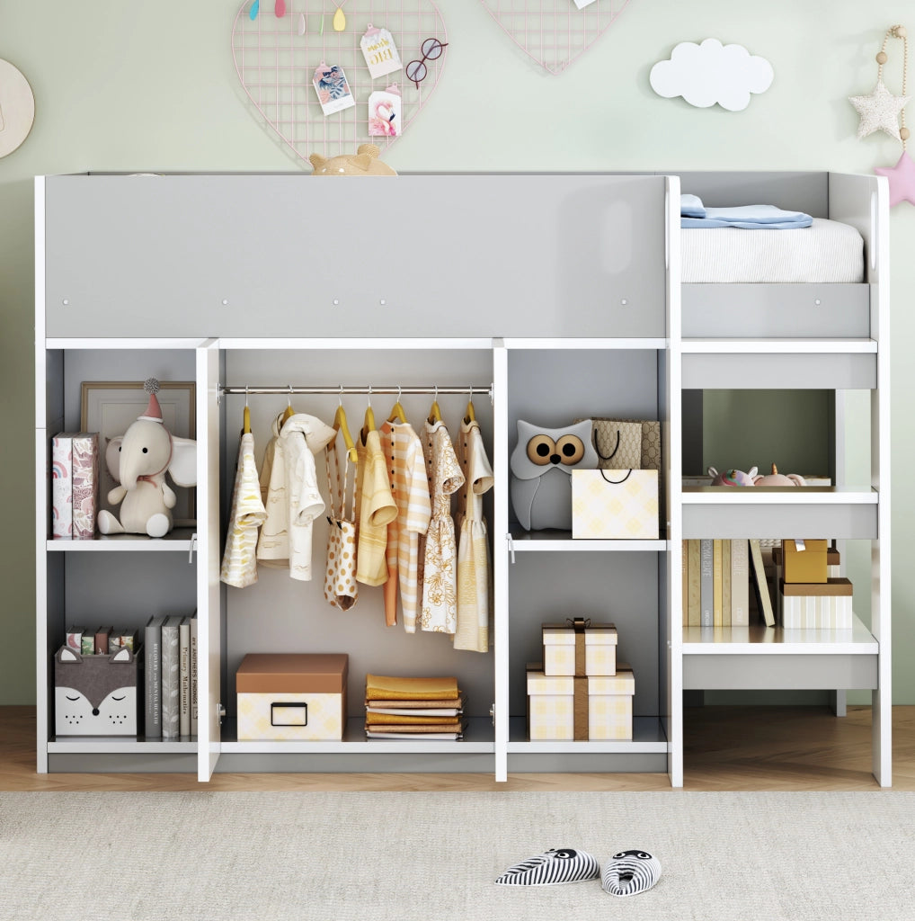 Letti a soppalco per bambini 90x200 cm con scala, armadio e rete a doghe in legno grigio e bianco per cameretta, senza materasso