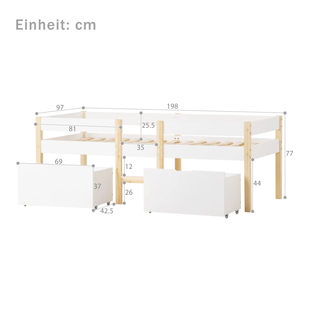 Letto contenitore per bambini 90x190 cm con scala e rete a doghe in legno di pino bianco, senza materasso
