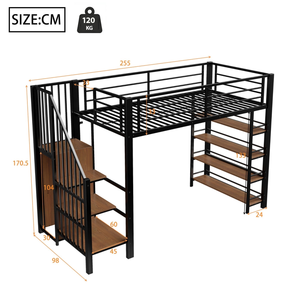 Letti a soppalco per bambini 90x200 cm con scala e armadio in metallo nero per cameretta, senza materasso