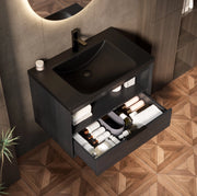 Mobile bagno con lavabo in ceramica nera, cassetto e ripiano