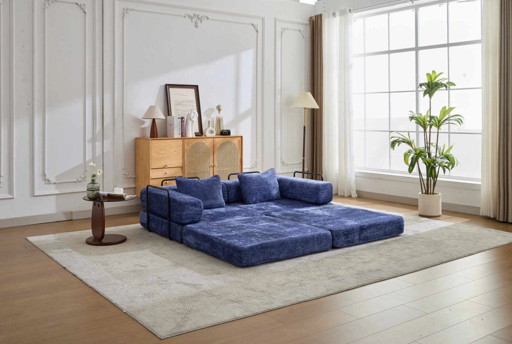 Divano letto da terra modulare in ciniglia blu scuro