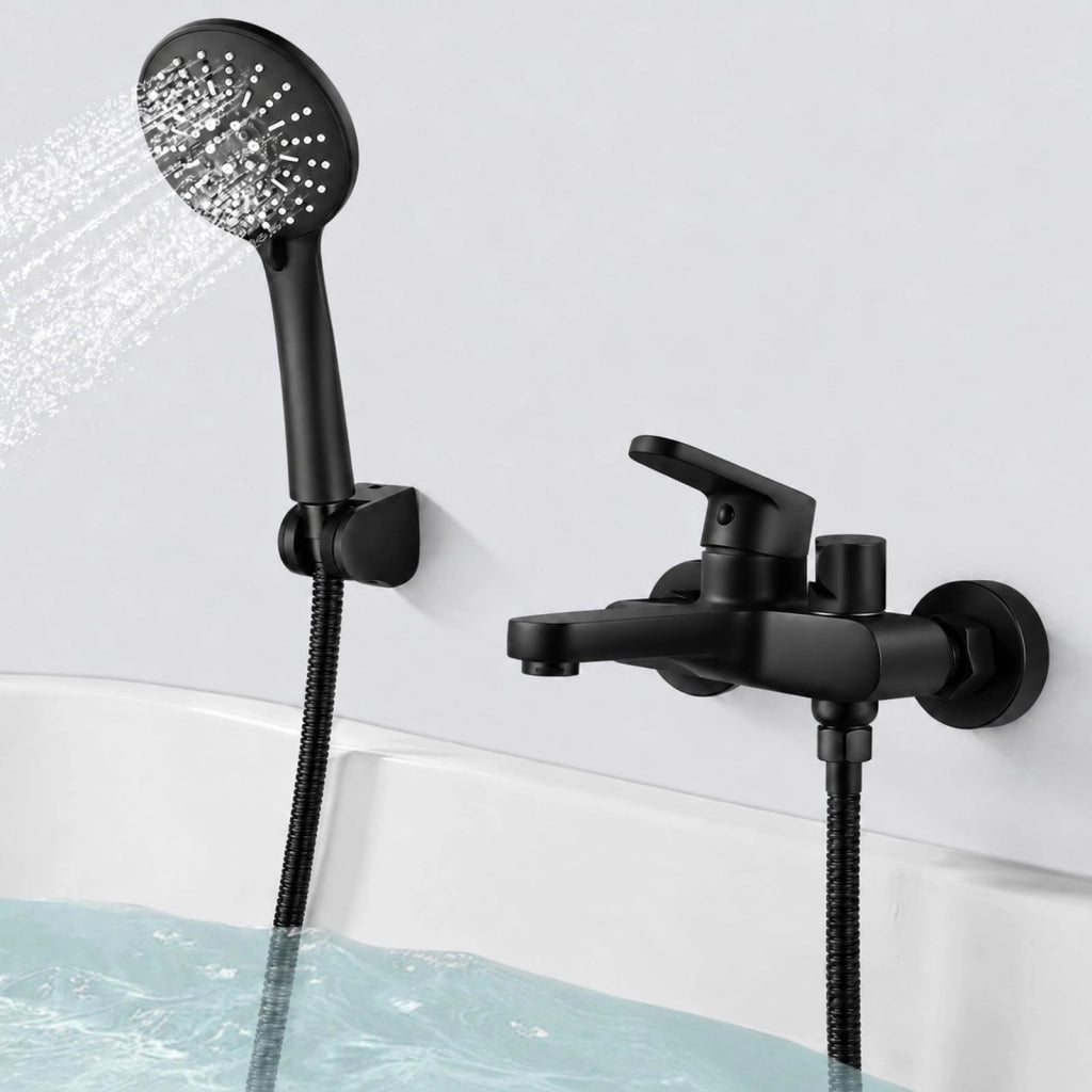 Rubinetteria da bagno con doccetta, nera, 3 funzioni, montaggio a parete 150 mm