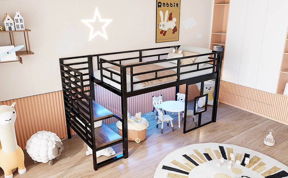 Letto a soppalco singolo 90 × 200 cm con scala contenitore LED finestre in metallo e MDF nero
