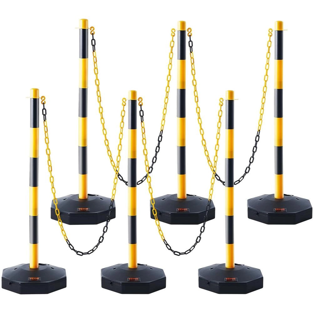 Set 6 Paletti Stradali di Segnalazione Bicolore Giallo Nero con Catena 2,4 m, Base Riempibile, Barriere per Delimitazione