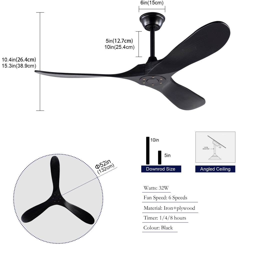 Ventilatore da soffitto nero da 52 pollici con telecomando e 3 pale