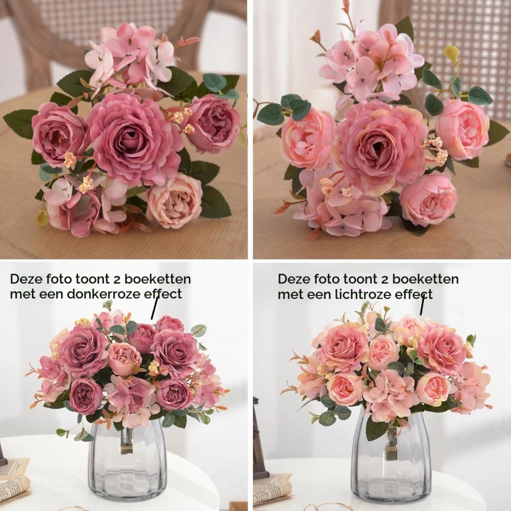 Composizione floreale artificiale, set da 2, con peonie di seta rosa e ortensie, altezza 29 cm