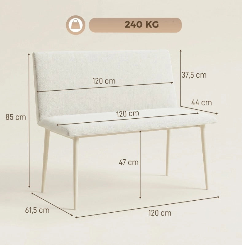 Panca da pranzo a 2 posti beige con schienale e gambe in metallo