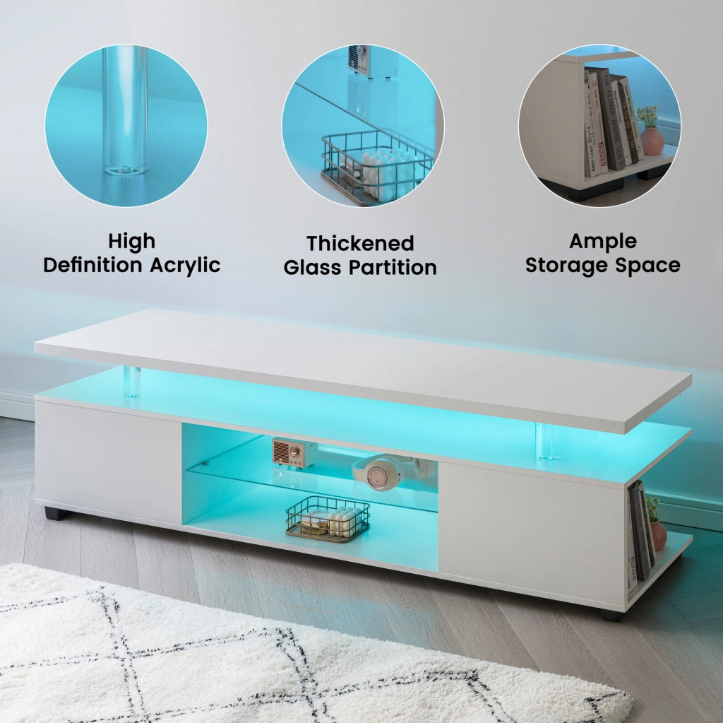Mobile TV bianco con luci LED multicolore e vani contenitori