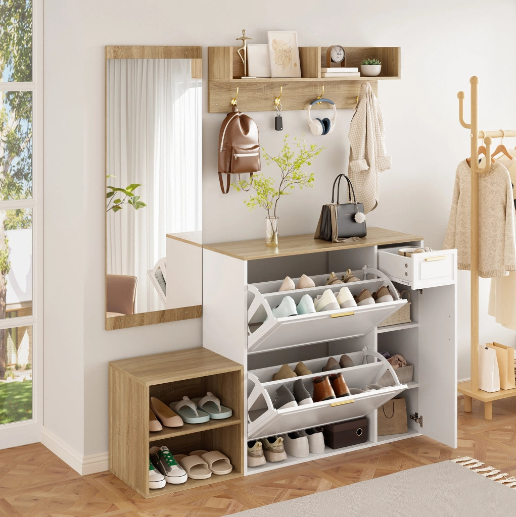 Set ingresso 4 pezzi con scarpiera, panca e specchio, bianco e naturale