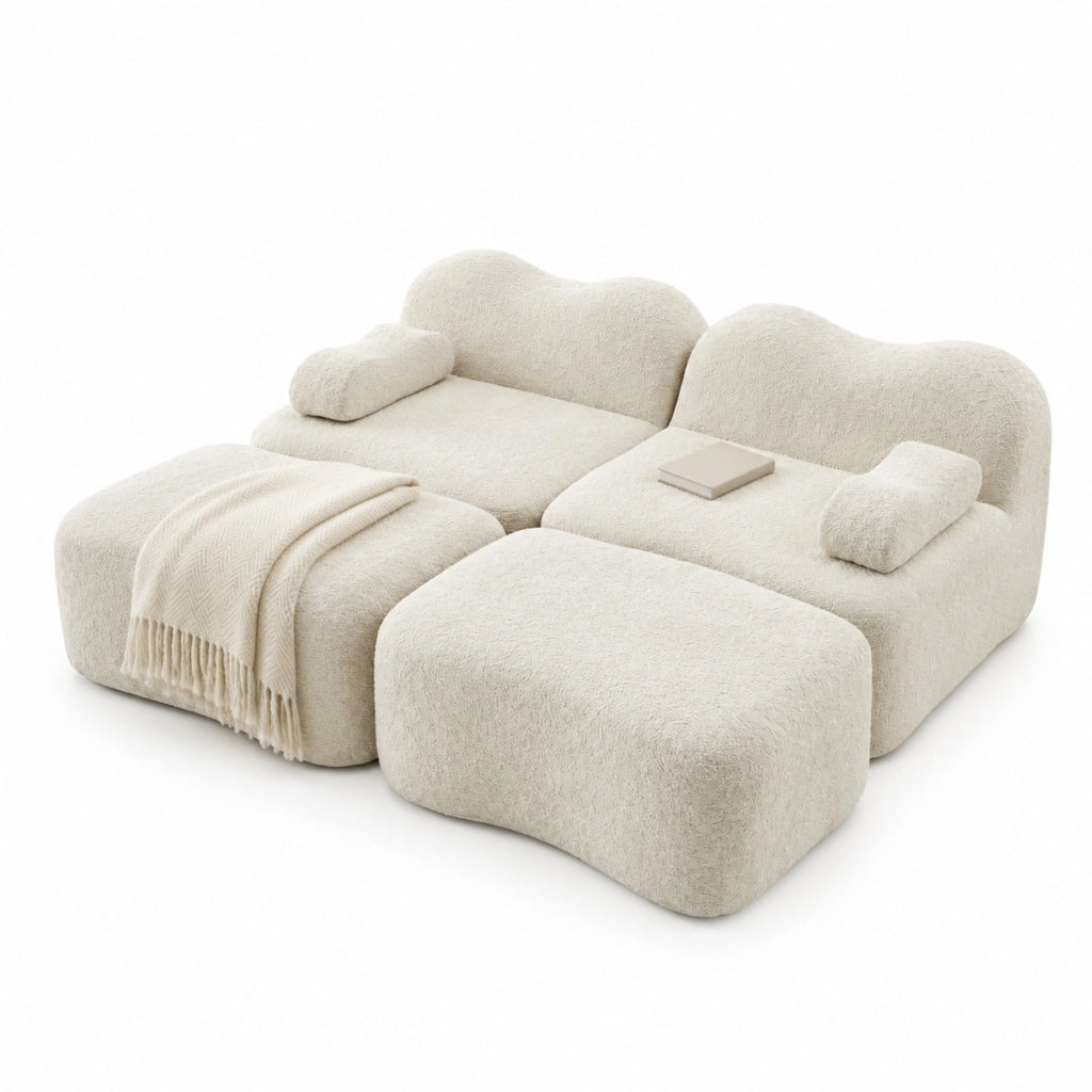 Divano modulare senza telaio in velluto beige con pouf