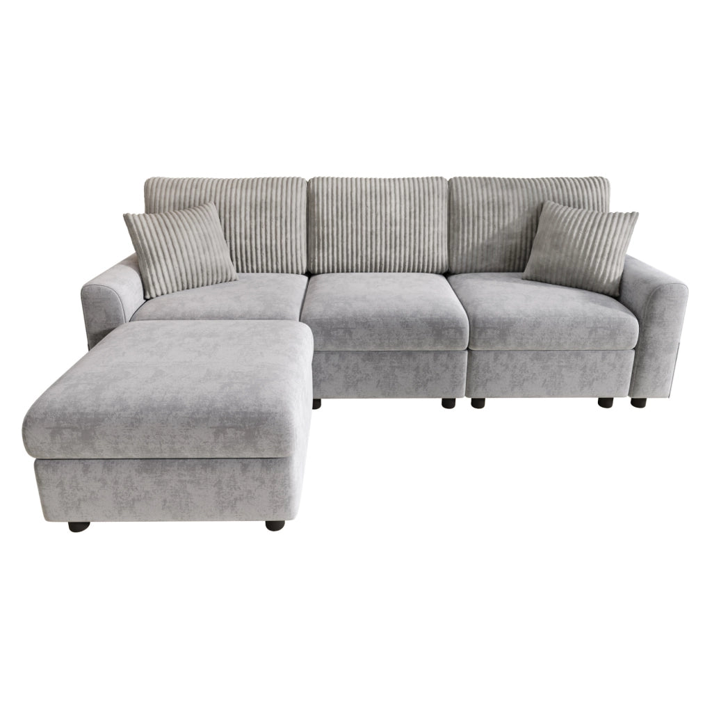 Divano grigio 223x146 cm con pouf, 2 cuscini, USB e USB-C in ciniglia e velluto a coste