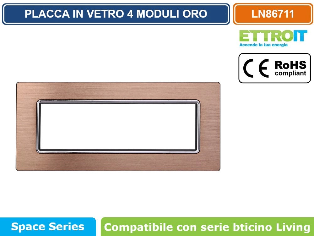 ETTROIT PLACCA IN ALLUMINIO COLORE ORO COMPATIBILE CON SERIE BTICINO LIVING LN86 - Numero Moduli:3 Moduli