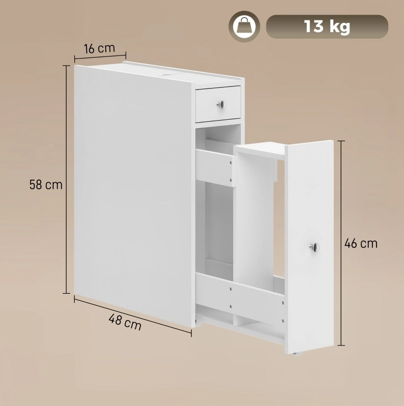 Mobile bagno stretto bianco con 2 cassetti e vano aperto