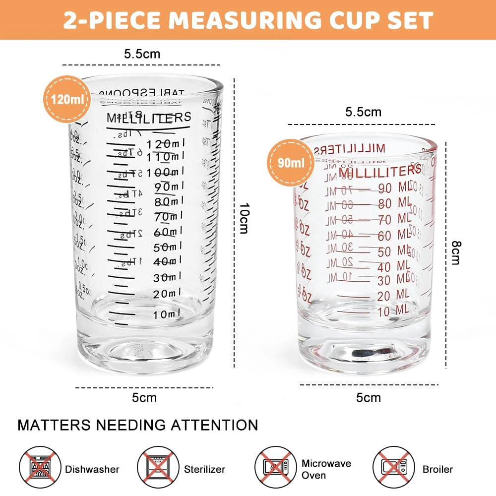 Set di 2 bicchieri misuratori da 90/120 ml, ideali per cocktail, con scala graduata