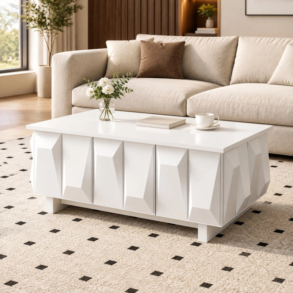 Tavolino da caffè 95x67x39;5 cm con 3 ante e frontali 3D in truciolare; bianco
