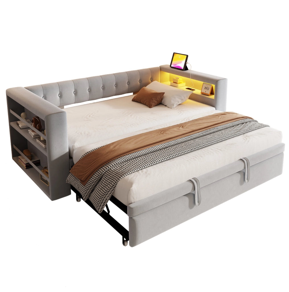 Divano letto multifunzionale 90/180x190 cm con LED, prese e vano contenitore, grigio chiaro