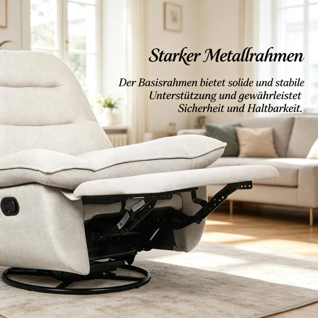 Poltrona relax girevole beige con dondolo, poggiapiedi e vano laterale