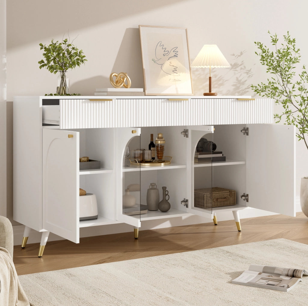Credenza bianca 140 cm con 4 ante acriliche e 3 cassetti