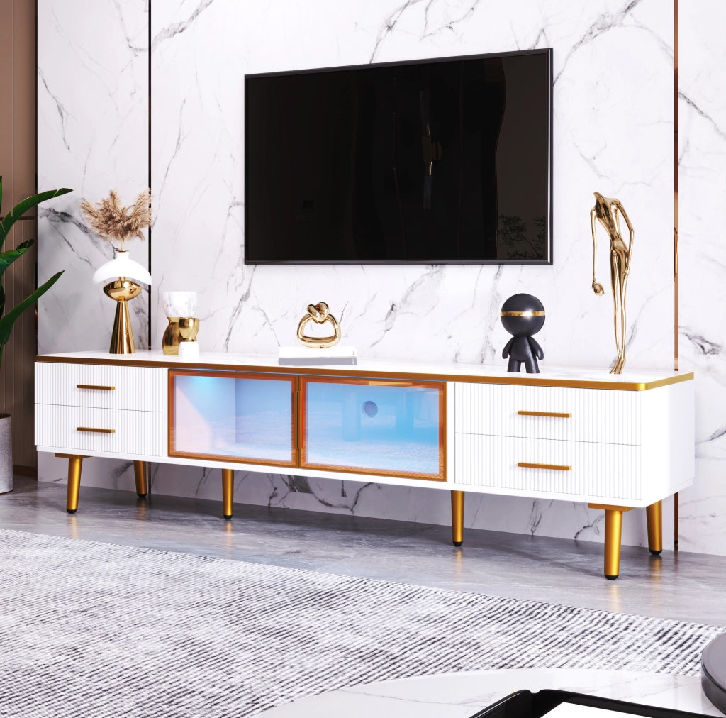 Set mobile TV 170 cm e tavolino 100 cm con LED multicolore; vetro e truciolare bianco