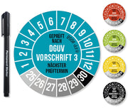 Etichette di prova DGUV V3, 30 mm, colore blu, confezione da 600 pezzi, inclusa una penna