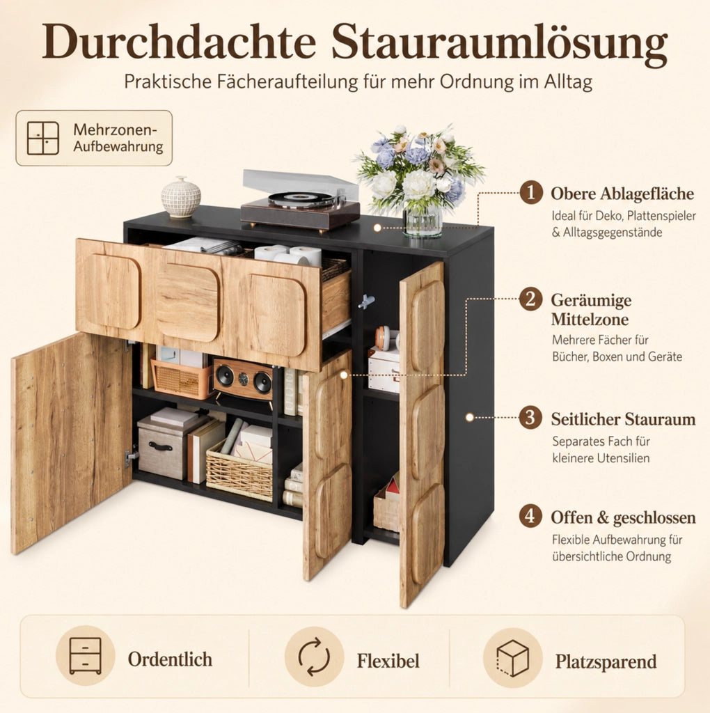 Credenza modulare in legno ingegnerizzato con vani e cassetti