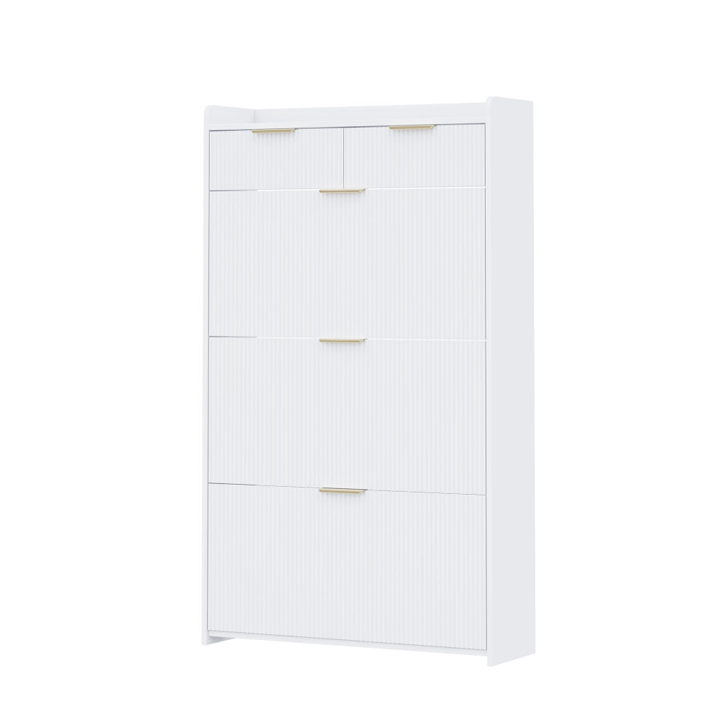 Scarpiera slim bianca con 3 vani a ribalta e 2 cassetti, 80 × 25 × 135 cm