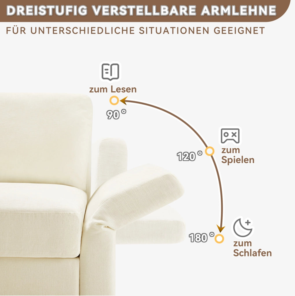 Divano 3 posti in ciniglia beige con pouf e braccioli regolabili