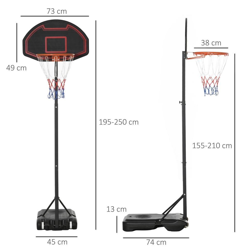 Canestro da basket con supporto in acciaio nero regolabile 195-250 cm con ruote