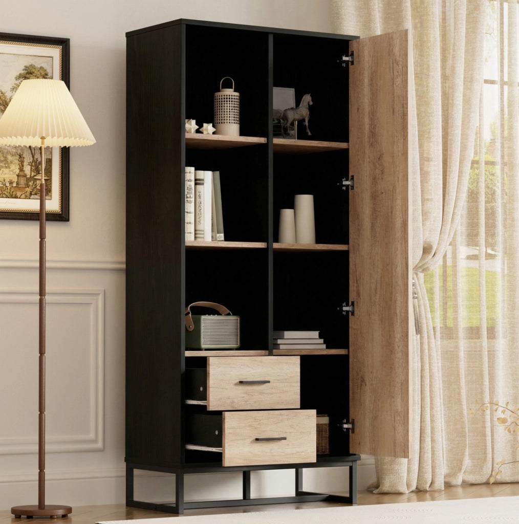 Mobile alto 80x40x180 cm con anta; 2 cassetti e 3 vani in MDF; nero e legno