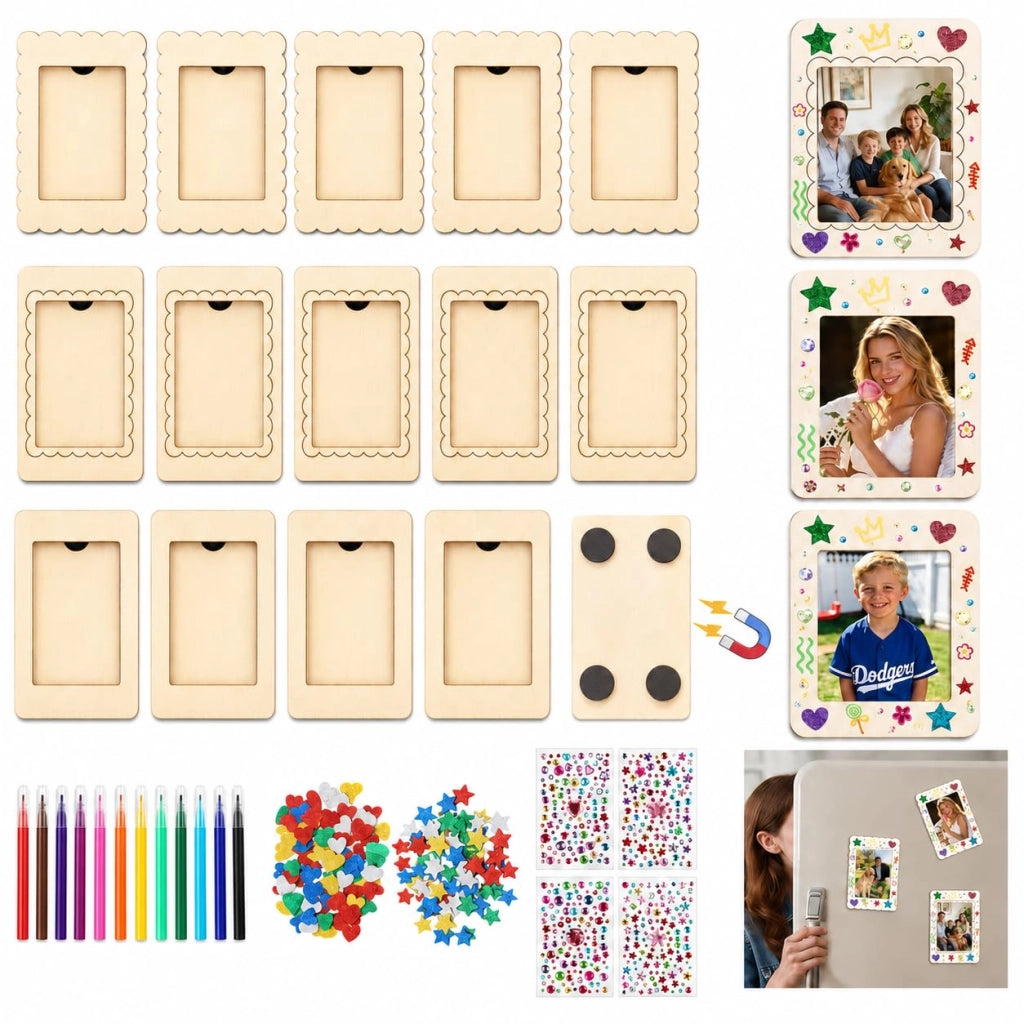 Kit per creare: 15 mini cornici in legno da dipingere, con supporto magnetico