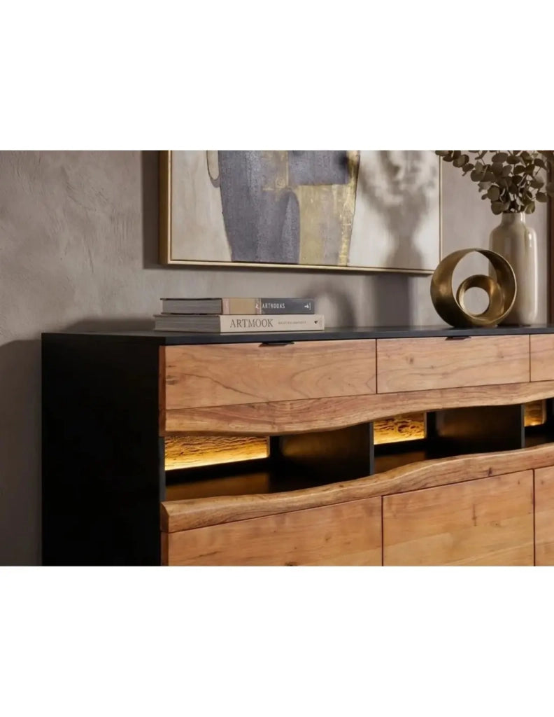 Buffet NAIROBI 180 cm in legno di acacia marrone e nero – 3 porte, 3 cassetti e LED integrato