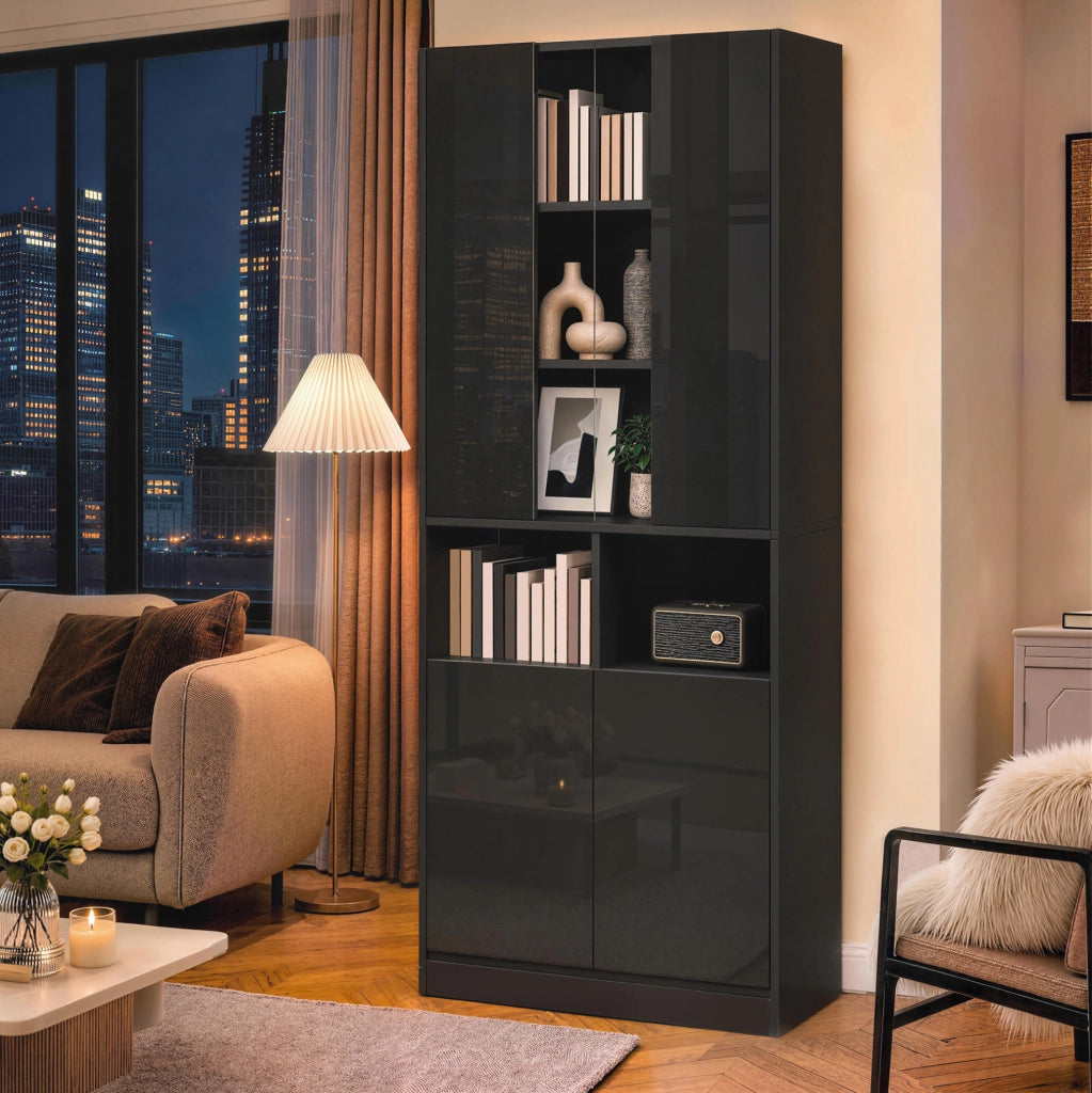 Vetrina alta 70 x 35 x 180 cm in MDF e truciolare nera, LED via app
