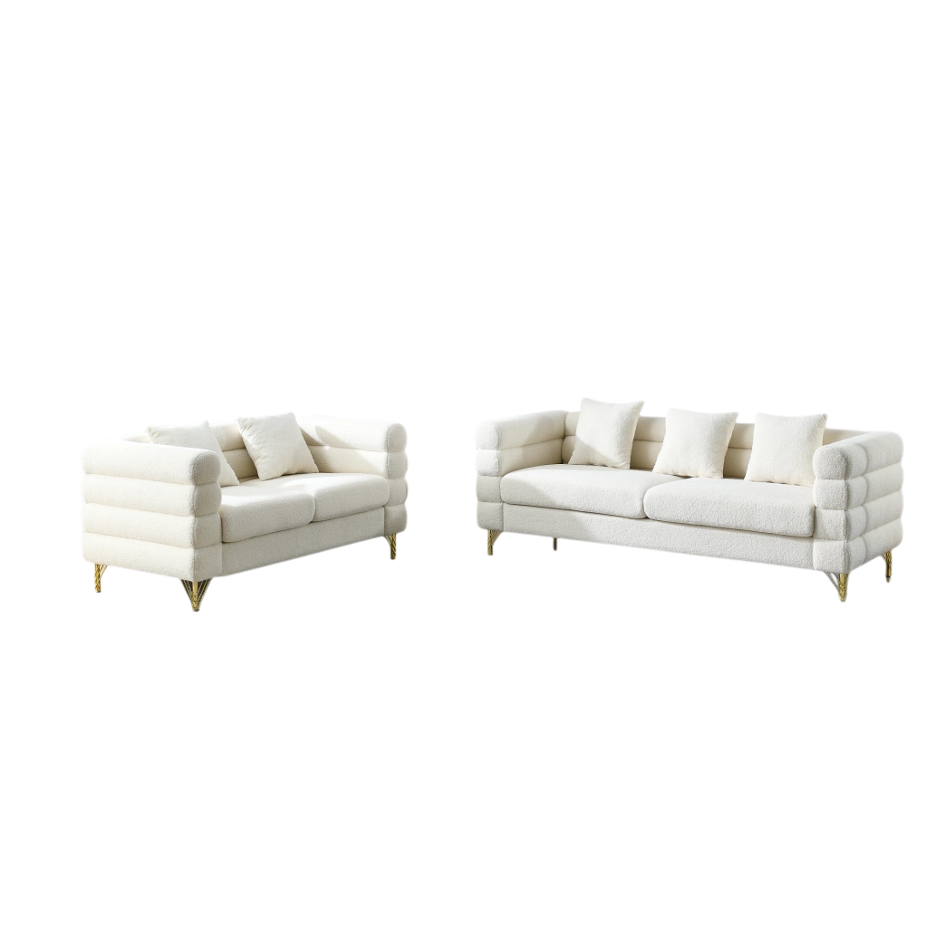 Set di divani 5 posti in tessuto peluche bianco per soggiorno