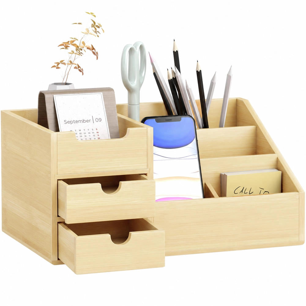 Organizer da scrivania in bambù con 2 cassetti e 7 scomparti, portaoggetti resistente per casa e ufficio, 33x20.5x15.5 cm