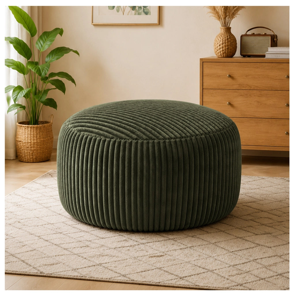 Pouf rotondo in velluto a coste verde con imbottitura morbida