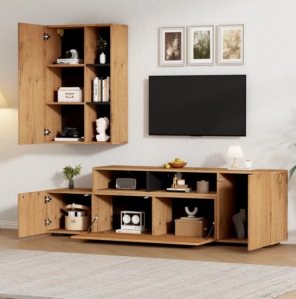 Parete TV in rovere e nero con mobile regolabile e pensile