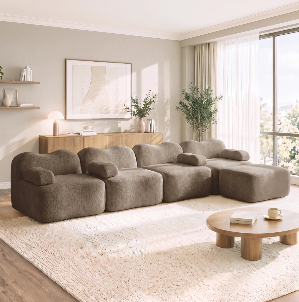 Divano angolare modulare in velluto marrone con pouf 384x167 cm