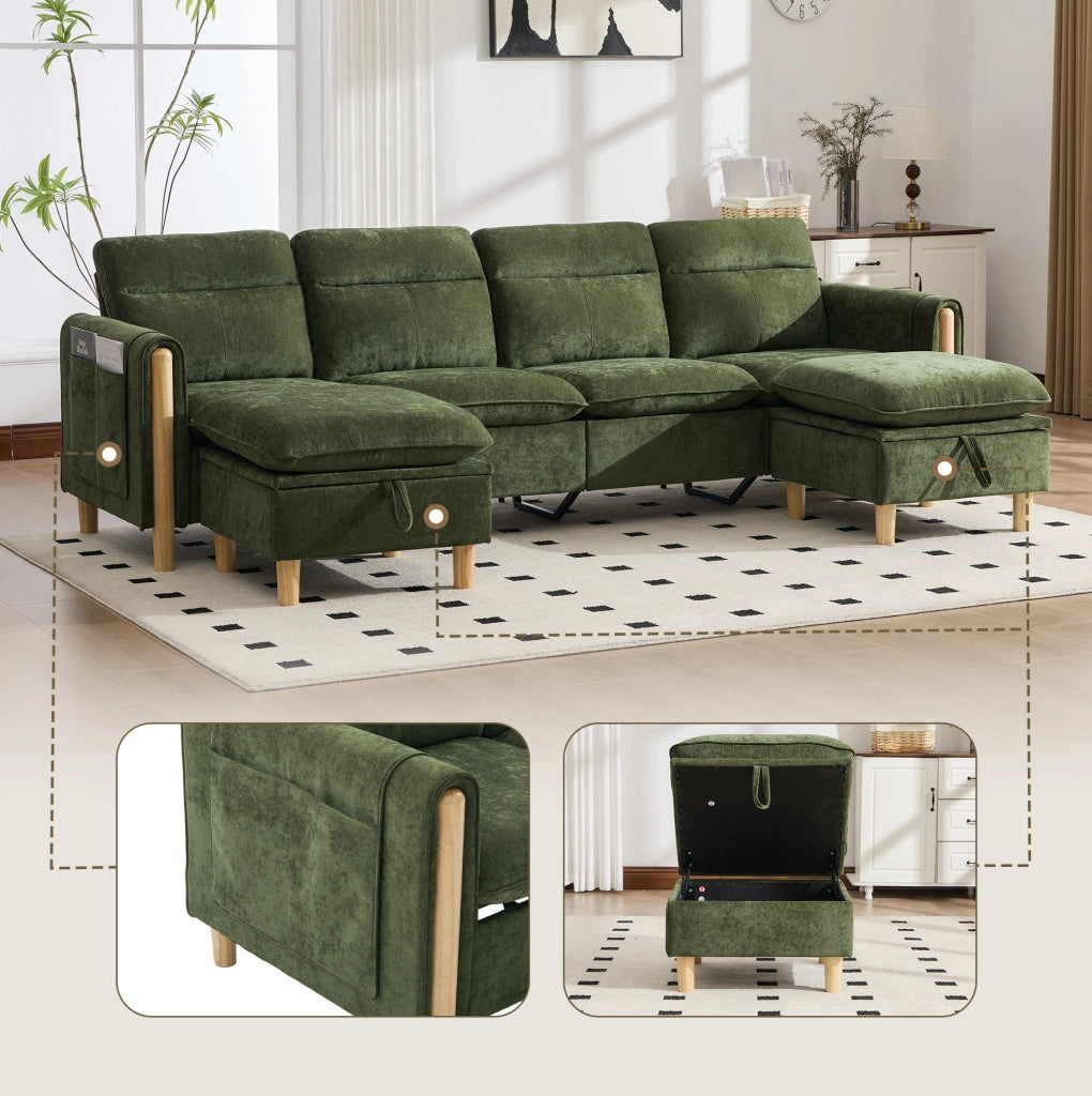 Divano modulare 4 posti con 2 pouf contenitore in ciniglia verde