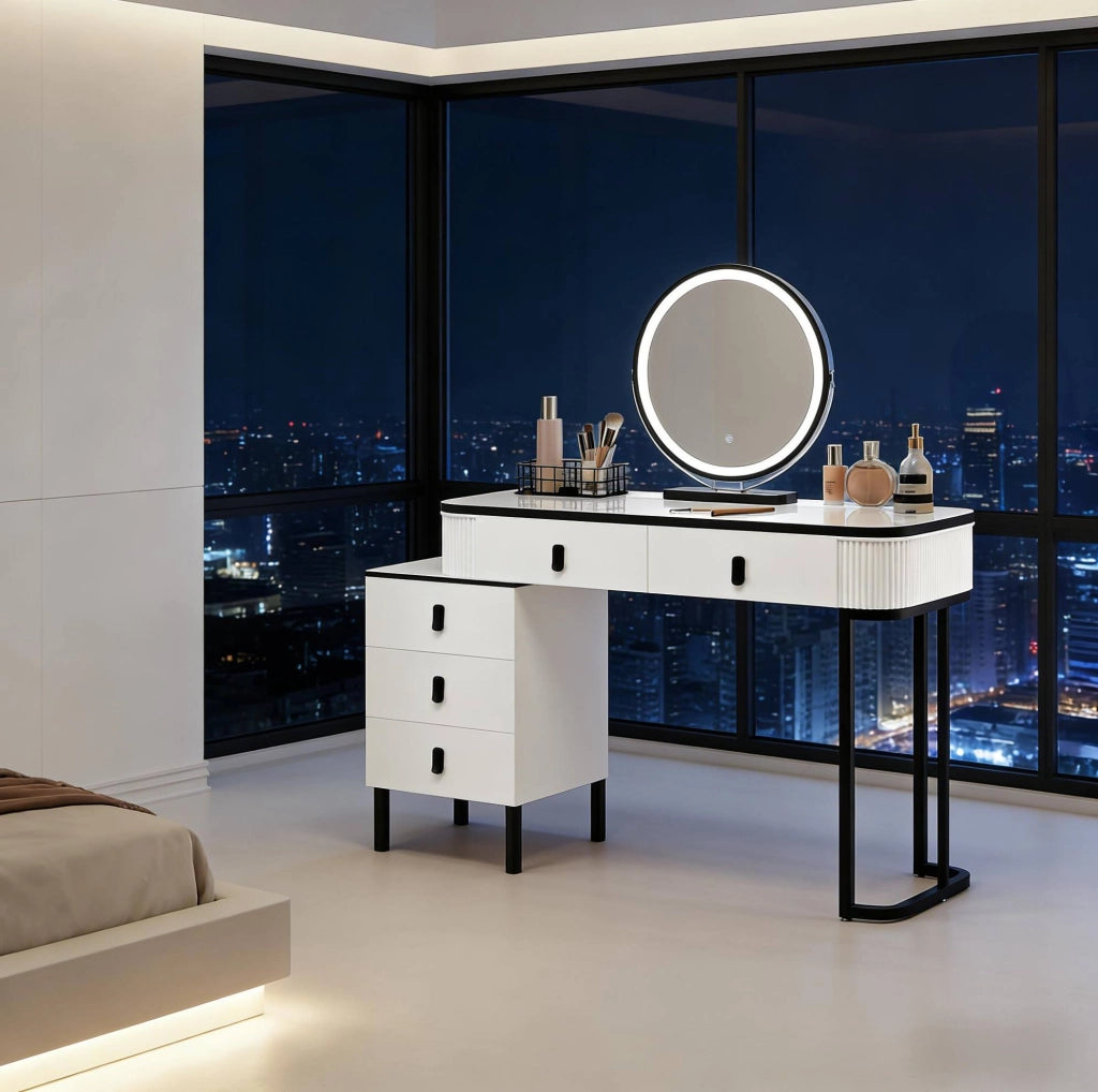 Toeletta bianca e nera con specchio LED girevole e 5 cassetti