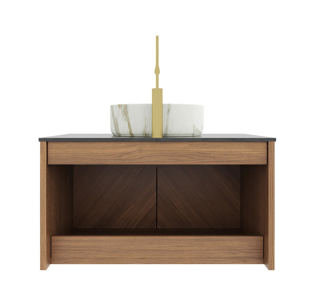 Mobile lavabo sospeso 76 cm, lavabo ceramica bianca, top nero, compensato marrone