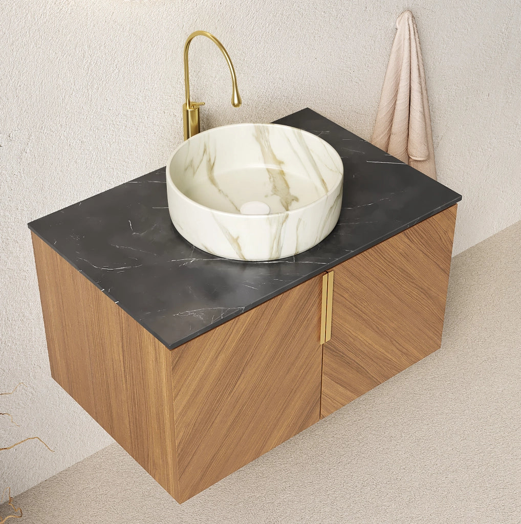 Mobile lavabo sospeso 76 cm, lavabo ceramica bianca, top nero, compensato marrone