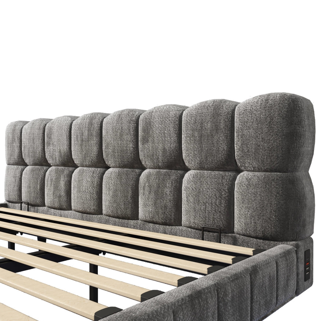 Letto matrimoniale contenitore 180x200 cm in ciniglia grigio con LED e USB