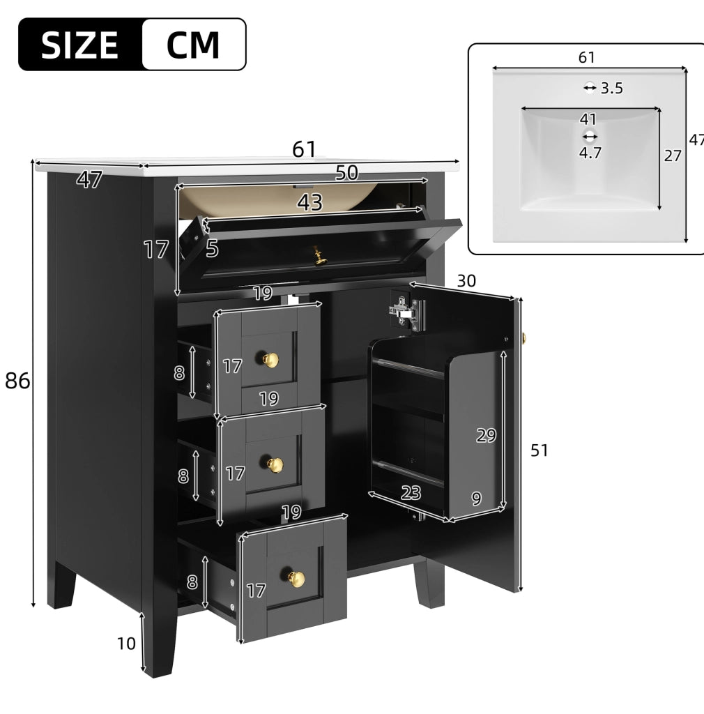 Mobile bagno da terra 61 cm nero lucido con lavabo in ceramica e cassetti