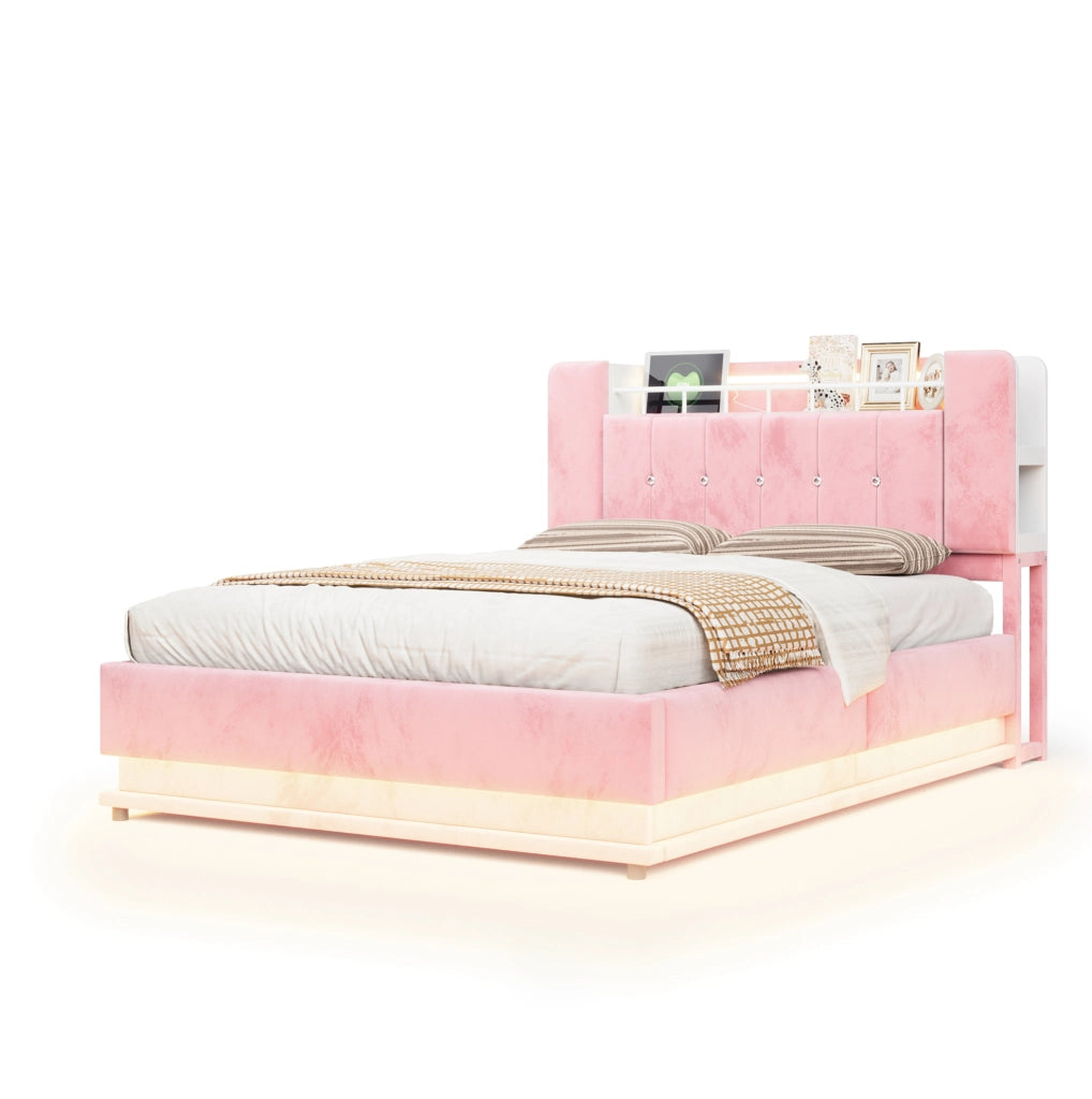 Letto contenitore imbottito 140 x 200 cm rosa con LED e prese USB