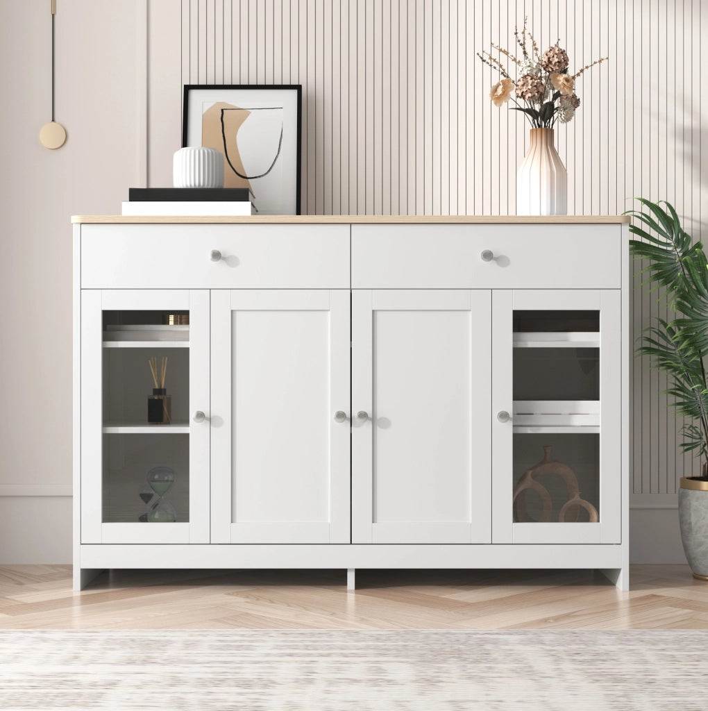 Credenza buffet bianca e color legno 120 cm, 4 ante e 2 cassetti