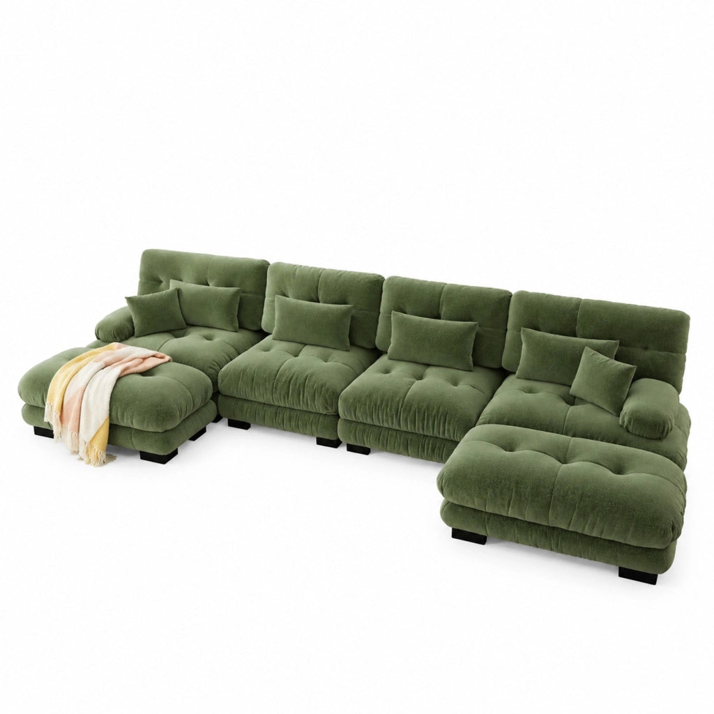 DIVANO Modulare 406x145x81 cm in Ciniglia Verde con Pouf Mobili