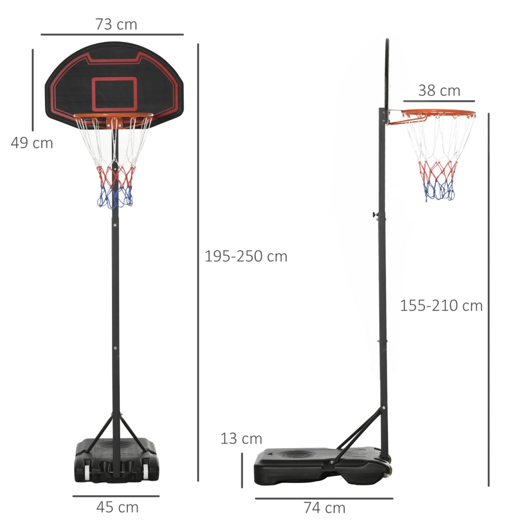Canestro da basket con supporto in acciaio nero regolabile 195-250 cm con ruote
