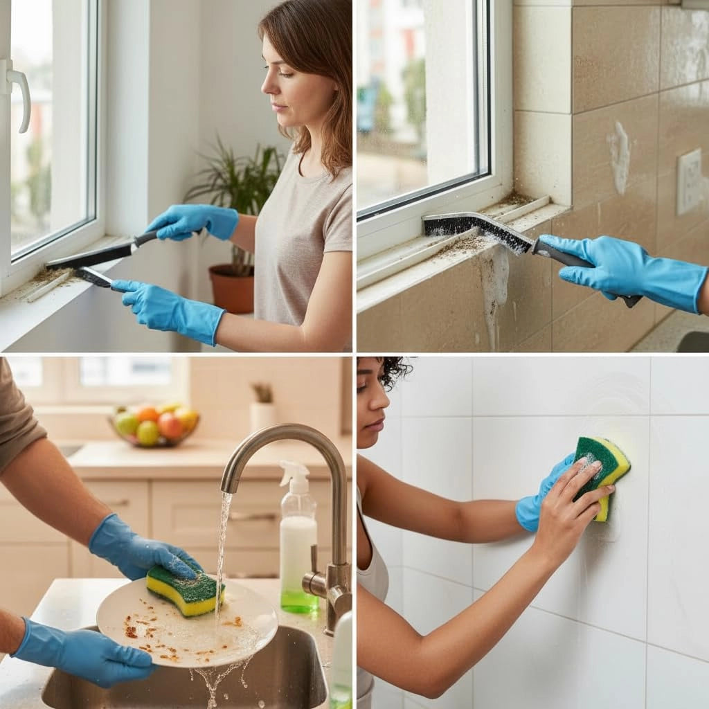 Kit di pulizia, composto da 5 pezzi, con spazzole e spugne per la pulizia di angoli stretti
